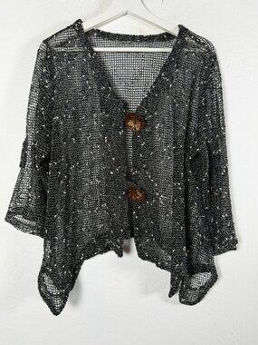 Womens Art To Wear Cardigan Sweater Black Metallic Mesh Open Knit Lagenlook